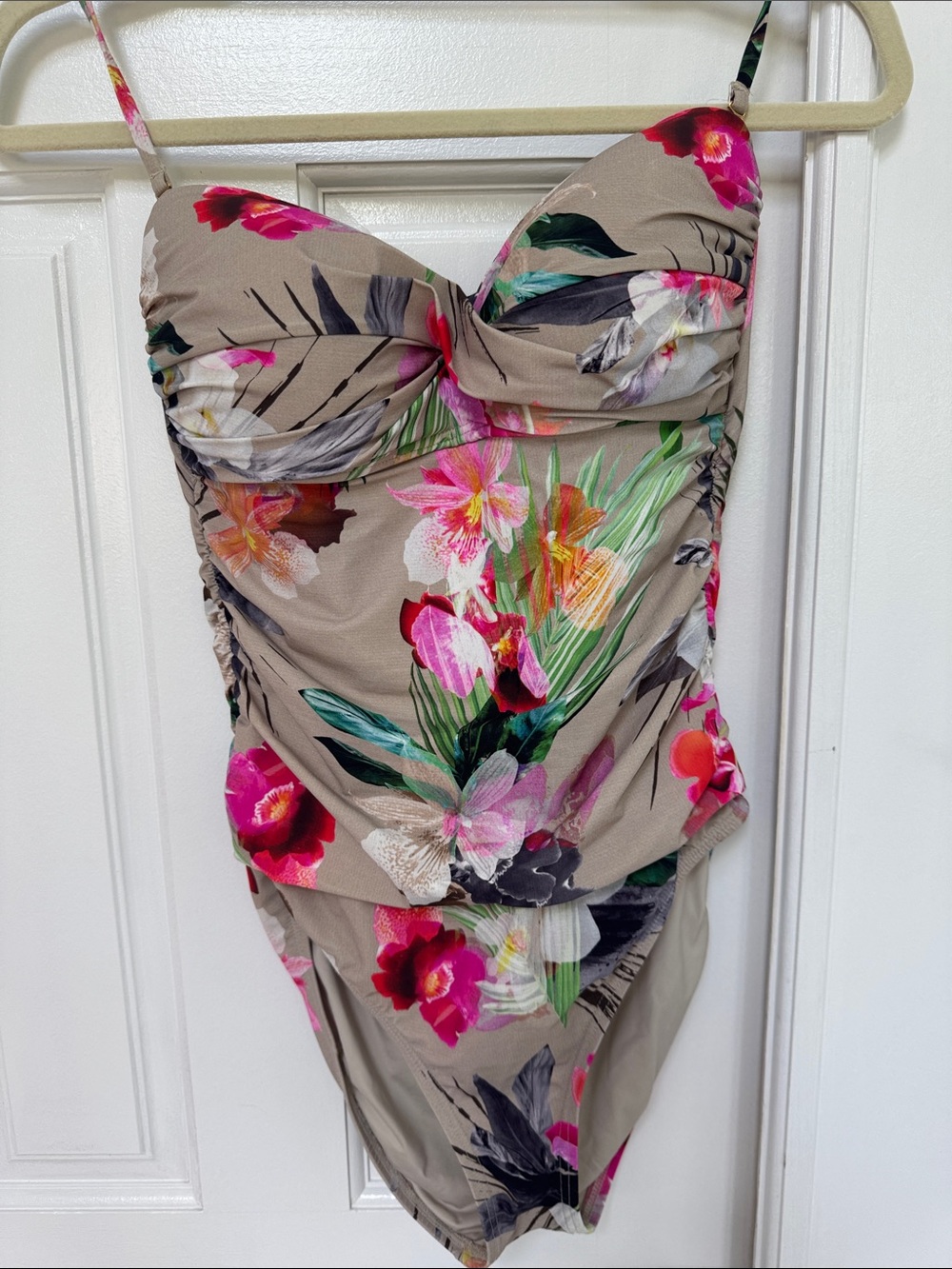 La Blanca Taupe Floral One-Piece Swimsuit with Pink & Green Accents
